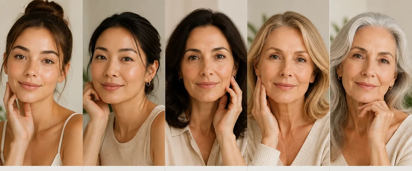 Five people across different life stages, reflecting how skin and skincare priorities can evolve over time.