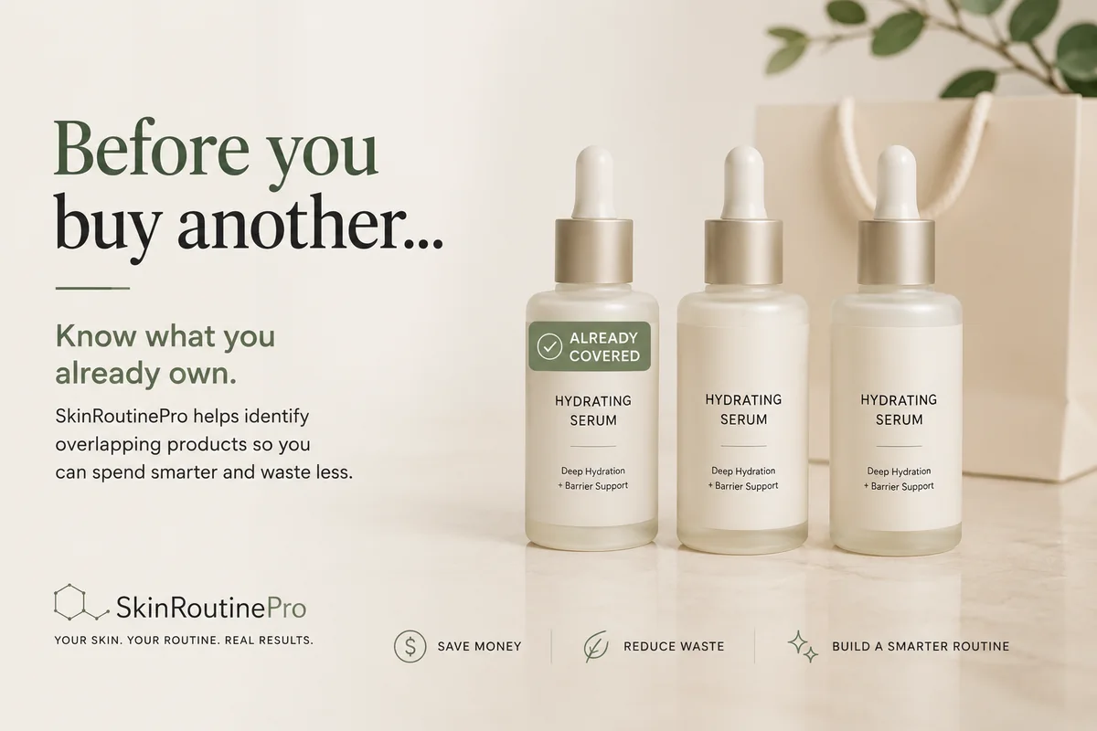 Three identical hydrating serums; SkinRoutinePro flags one as already covered to help avoid buying overlapping products.