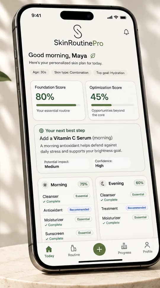 The SkinRoutinePro app showing a personalized daily plan with Foundation and Optimization scores and a next best step.