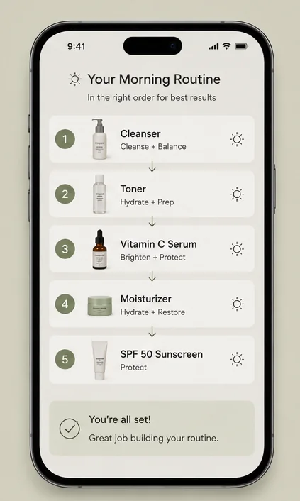 A SkinRoutinePro morning routine listing cleanser, toner, vitamin C serum, moisturizer, and SPF in the recommended order.