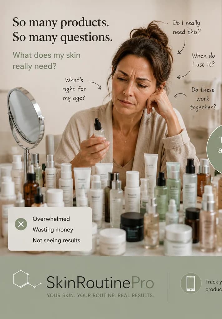 A woman surrounded by many skincare products, wondering which she actually needs, when to use them, and whether they work together.