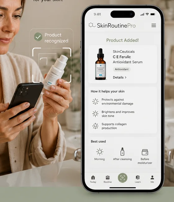 Scanning a product with a phone; SkinRoutinePro recognizes it and adds it to the shelf with guidance on how it helps your skin.